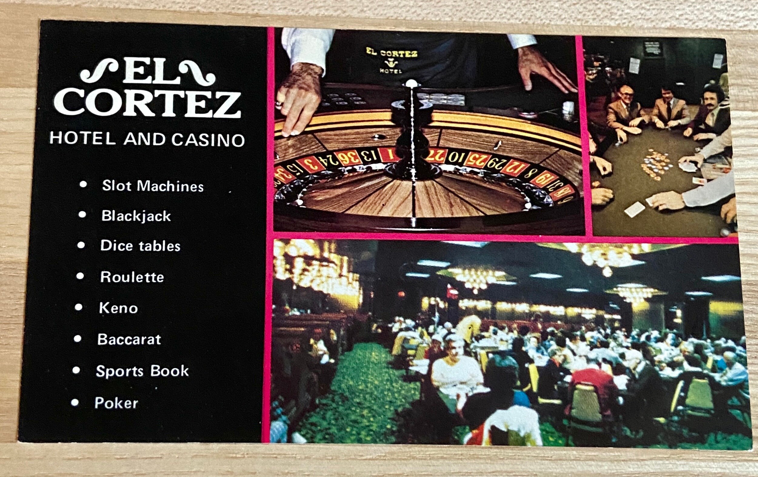 Postal de LAS VEGAS El Cortez Hotel & Casino, Tarjeta postal efímera de recuerdo de recuerdos de vacaciones de publicidad de juegos de azar, Regalo para amantes de la historia