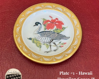 Collectible Franklin Porcelain Official State Bird & Flowers Mini Plates, 24-Karat Gold Rim Miniature Porcelain Plate Collection