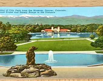 View of the Rockies, City Park Denver, Colorado Vintage Postcard, Museum of Nature and Science, Posted 1945, 1-Cent Green Washington Stamp
