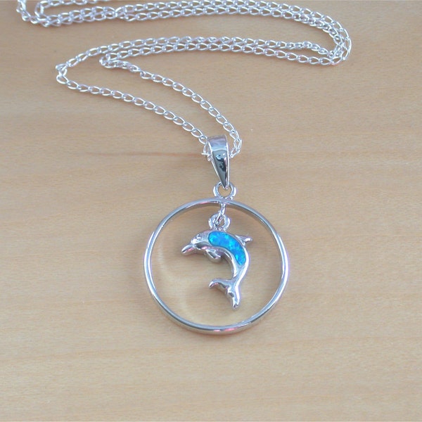 925 Blue Opal Dolphin Pendant & 18" Sterling Silver Chain/Opal Jewellery/Opal Jewelry/Opal Necklace/October Birthstone/Silver Opal Necklace