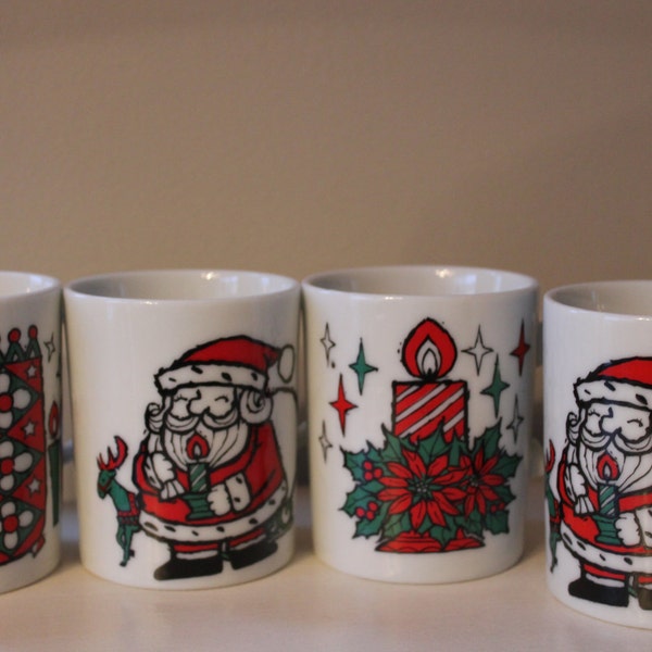 Vintage Christmas Mugs, White Red Green Holiday Set of 4, Santa, Stocking, Candle, Made in Japan, Kitchen Decor Drinkware Small