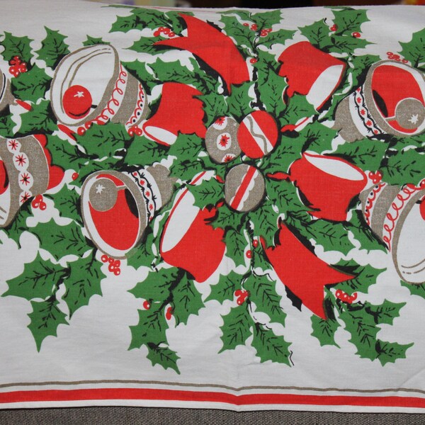 Vintage Christmas Table Runner, Holly and Bells with Red, Green and Gold, Home Decor Linens, Dresser Scarf