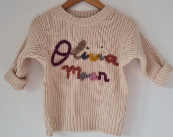 Personalised Hand-Embroidered Knitted Baby & Toddler Jumper | Oversized Fit | Baby Name | Floral Embroidery | Baby Girl Gift Idea | Custom