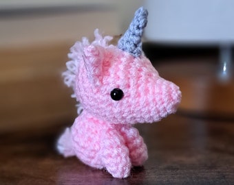 Pink Crochet Unicorn Foal Soft Sculpture Ornament with Embroidered Basket, Blanket and Gift Box, Small Pink Unicorn Figurine