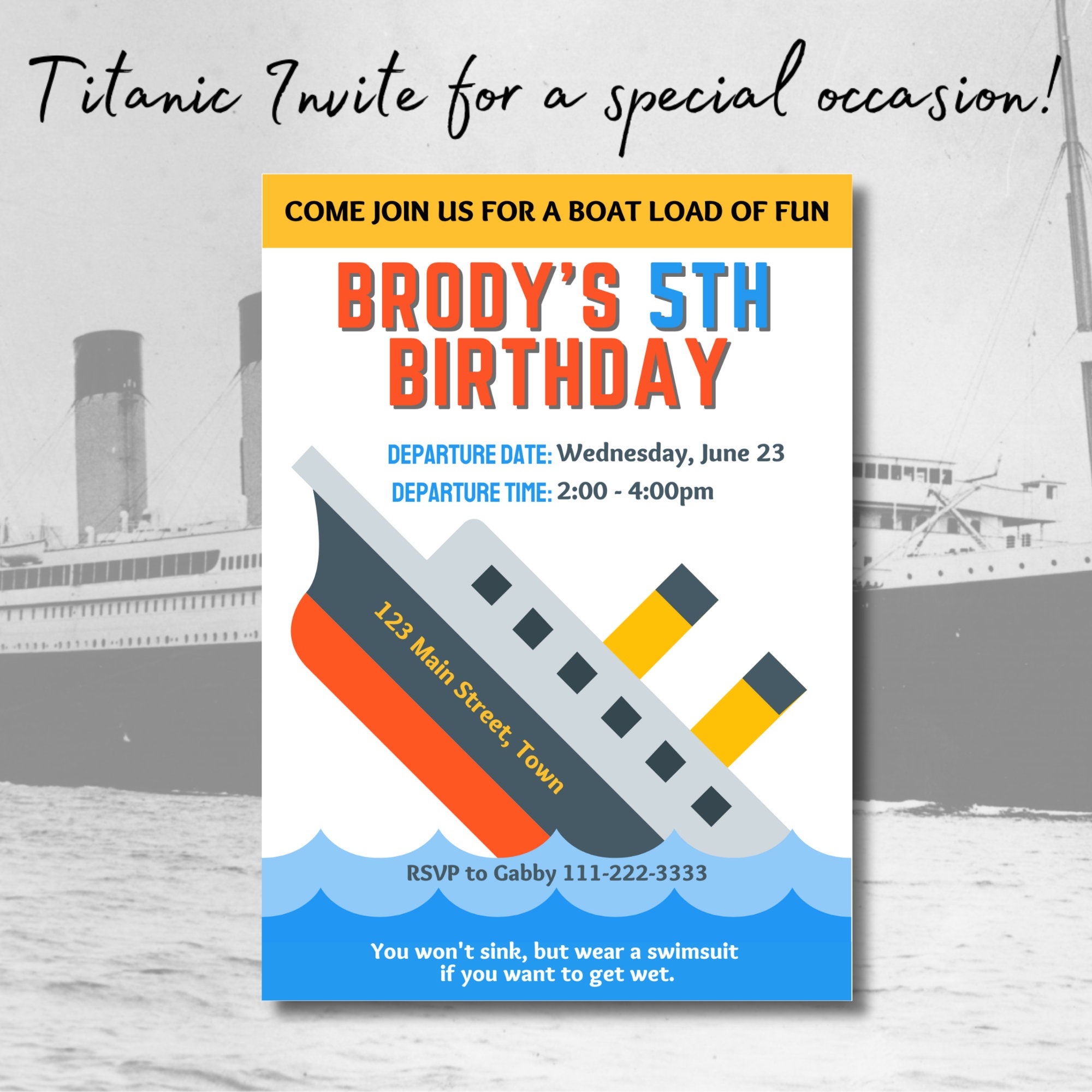 Titanic Birthday Invite Custom Printable, EDITABLE INSTANT DOWNLOAD Boy ...