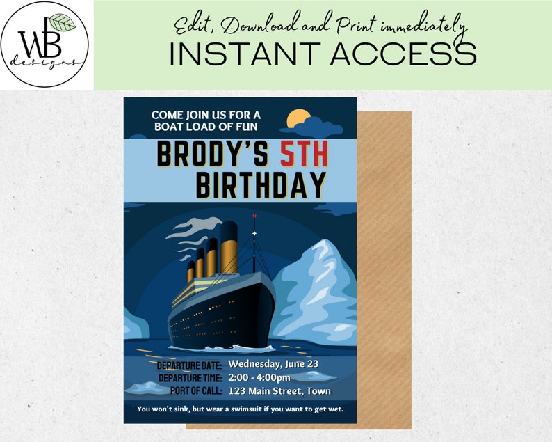 Titanic Birthday Invite Custom Printable EDITABLE INSTANT - Etsy