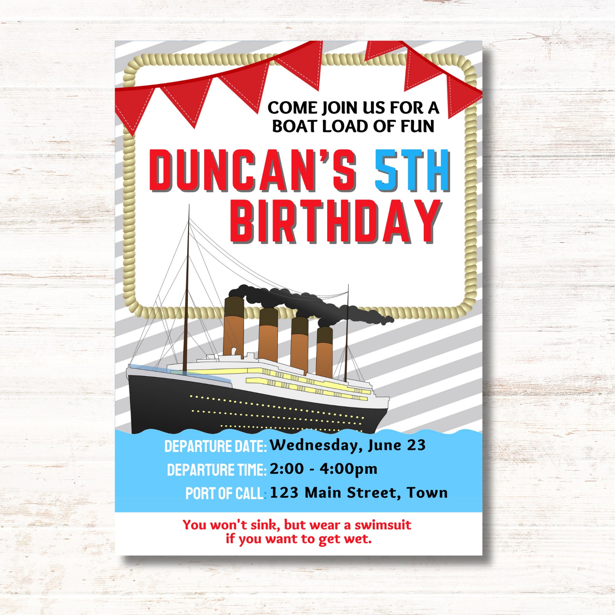 Titanic Birthday Invite Custom Printable, EDITABLE INSTANT DOWNLOAD Boy ...