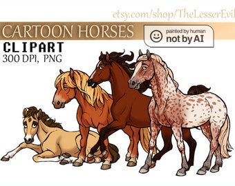 Cartoon Horses Clipart, Digital Illustration, Horse Clip Art, Hand Drawn Horse, Equine Stock Illustration, Commercial use