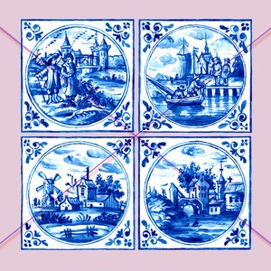 Dutch Tiles Clipart, Delft Blue Tiles Clip Art, Digital Watercolor Illustration, Hand Drawn Landscape, Printable Stock Illustration image 2