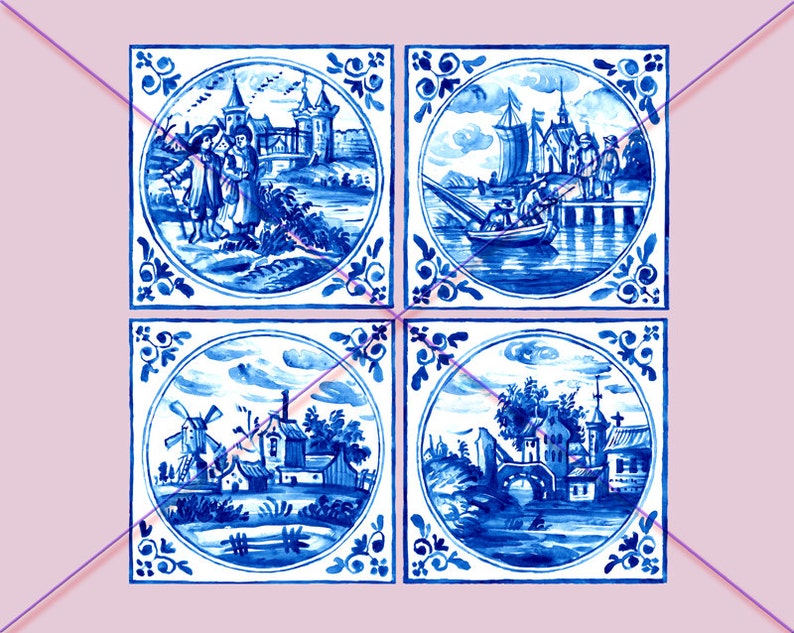 Dutch Tiles Clipart, Delft Blue Tiles Clip Art, Digital Watercolor Illustration, Hand Drawn Landscape, Printable Stock Illustration image 2