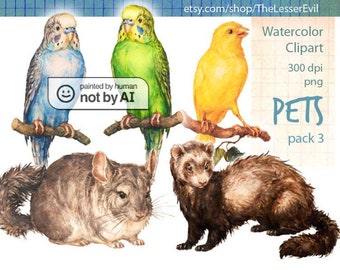 Pets Clipart, Digital Watercolor Illustration, Pet Animal Clip Art, Hand-painted, Realistic Stock, Commercial use