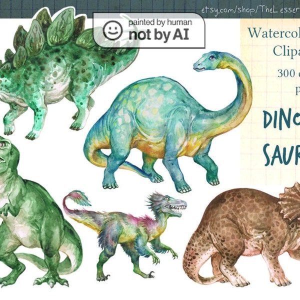 Dinosaurs Clipart, Digital Watercolor Illustration, Dinosaur Clip Art, Hand Drawn Dino, Stock Illustration, Commercial use