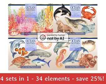 FULL PACK Ocean creatures Clipart, Digital Watercolor Illustration, Sea life, Hand-painted, Coral reef, Realistic Stock, Commercial use