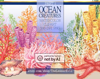Ocean creatures Clipart, Coral reef, Digital Watercolor Illustration, Sea life Clip Art, Hand-painted, Realistic Stock, Commercial use