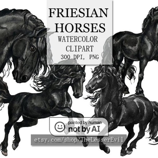 Friesian Horses Clipart, Digital Watercolor Illustration, Horse Clip Art, Hand Drawn Horse, Frisian Stock Illustration