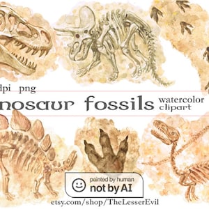 Dinosaur Fossils Clipart, Digital Watercolor Illustration, Dinosaur Clip Art, Hand Drawn Dino Bones, Stock Illustration, Commercial use