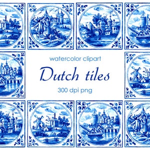 Dutch Tiles Clipart, Delft Blue Tiles Clip Art, Digital Watercolor Illustration, Hand Drawn Landscape, Printable Stock Illustration image 4