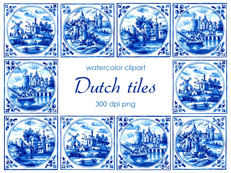 Dutch Tiles Clipart, Delft Blue Tiles Clip Art, Digital Watercolor Illustration, Hand Drawn Landscape, Printable Stock Illustration image 4