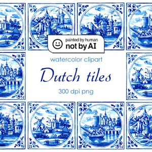 Dutch Tiles Clipart, Delft Blue Tiles Clip Art, Digital Watercolor Illustration, Hand Drawn Landscape, Printable Stock Illustration image 1