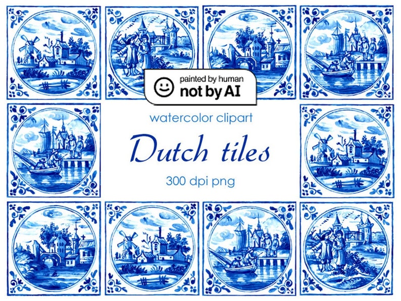 Dutch Tiles Clipart, Delft Blue Tiles Clip Art, Digital Watercolor Illustration, Hand Drawn Landscape, Printable Stock Illustration image 1