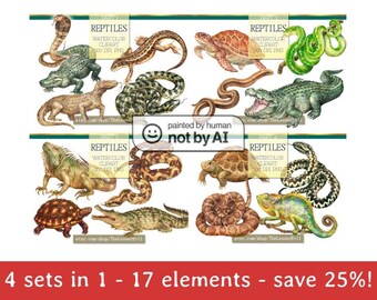 FULL PACK Reptiles Clipart, Digital Watercolor Illustration, Reptile Clip Art, Hand-painted, Realistic Stock, Commercial use