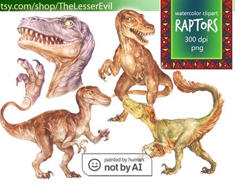 Raptors Clipart, Digital Watercolor Velociraptor Illustration, Dinosaur Clip Art, Hand Drawn Dino, Stock Illustration, Commercial use