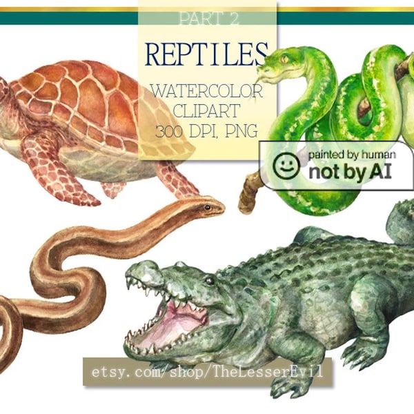 Reptiles Clipart, Digital Watercolor Illustration, Reptile Clip Art, Hand-painted, Realistic Stock, Commercial use