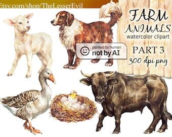 Farm Animals Clipart, Digital Watercolor Illustration, Animal Clip Art, Hand-painted, Realistic Animal Stock Illustration, Commercial use