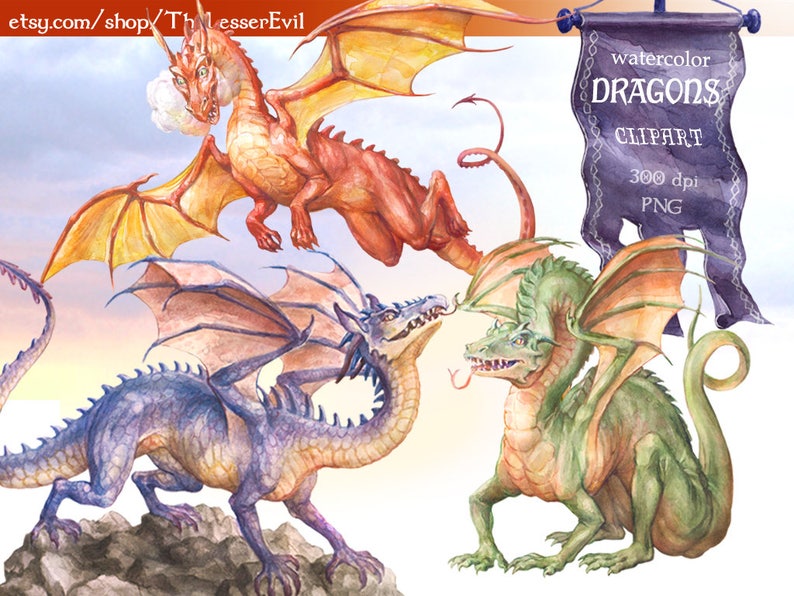 Digital Watercolor Illustration Hand-painted Commercial use Fantasy Clip Art Realistic Dragon Stock Illustration Dragons Clipart