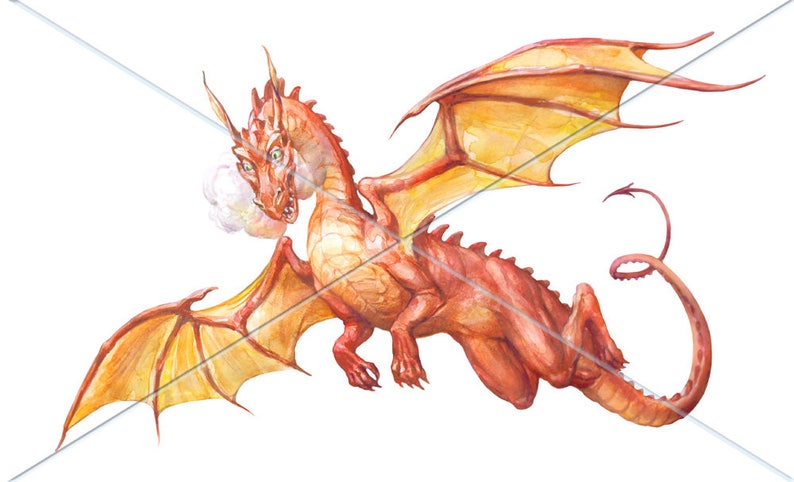 Digital Watercolor Illustration Hand-painted Commercial use Fantasy Clip Art Realistic Dragon Stock Illustration Dragons Clipart