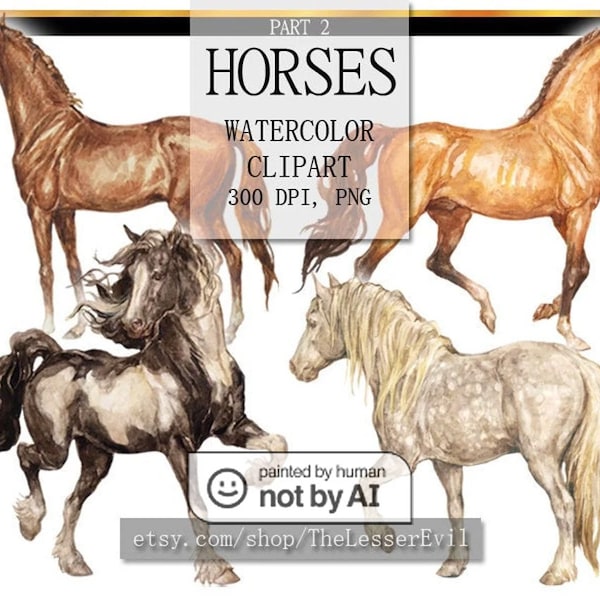 Horse Clipart, Digital Watercolor Illustration, Animal Clip Art, Hand-painted, Realistic Horses Stock Illustration, Commercial use