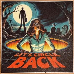 May include: Square sticker with a vintage horror movie poster design. A woman looks up in fear from a fiery pit. A silhouetted figure stands in the background. Text reads "LET'S CIRCLE BACK" in orange.