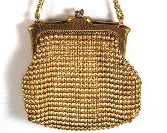 Vintage 30's 40's Whiting & Davis Small Gold Mesh Purse Evening Bag. 5" x 4 1/2".