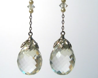 Antique 20's Deco Faceted Crystal Briolette Faux Pearl Drop Dangle Earrings.  Screw Back