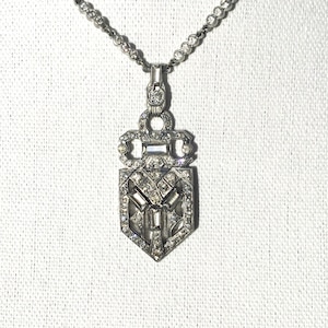 Vintage Antique Deco Rhinestone Paste Pendant Necklace. Graver Bead Set Stones. 15 1/2&quot; Chain