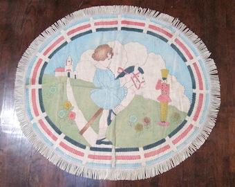 Vintage 30's Nursery Child's Room Oval Rug. Storybook. Hand Painted and Embroidered. 41 1/2" x 36"