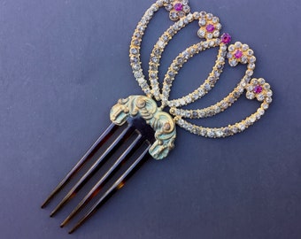 Antique Victorian Ornate Paste Rhinestone and Gilt Wash Hair Comb
