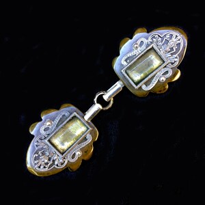 Antique Large Victorian Moss Green Bakelite Cape or Cloak Buckle Clasp.  Metal Filigree, Paste Stone