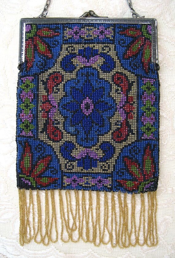 Antique Deco Large Beaded Floral Purse Handbag