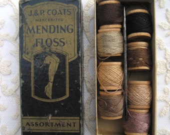 Antique J & P Coats Mercerized Stocking Mending Floss. Wood Spools, Original Box