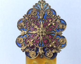 Rare Antique Victorian Small Plique a Jour Comb. Gilt Washed Brass Filigree With Blue and Pink Enamel