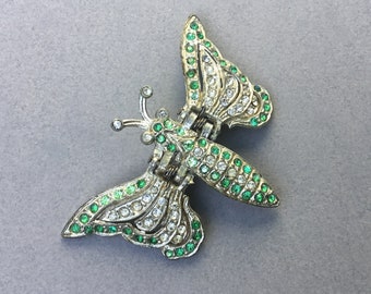 Vintage 30's Antique Deco Singer & Kantor Rhinestone Paste Moth or Butterfly Brooch Scarf Pin. Hinged Wings