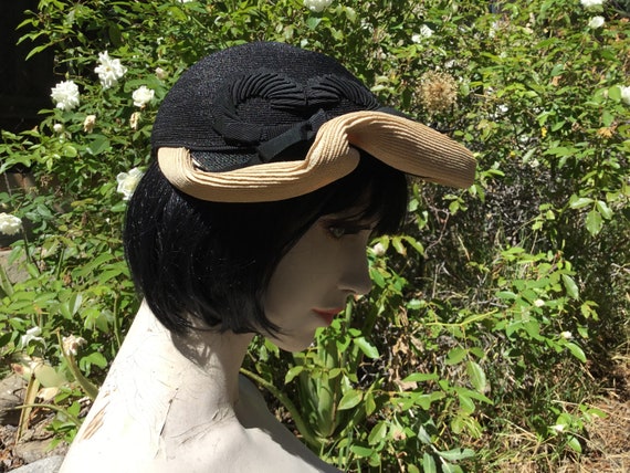 Vintage 40's 50's Black & Tan Tilt Hat. Flo Denis. - image 2