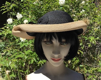 Vintage 40's 50's Black & Tan Tilt Hat. Flo Denis.