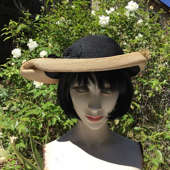 Vintage 40's 50's Black & Tan Tilt Hat. Flo Denis. - image 1