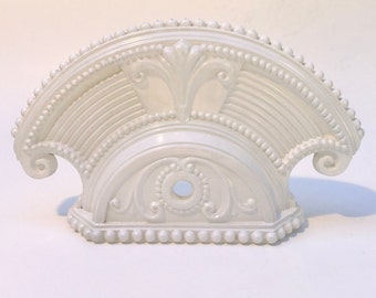 Antique 20's Art Deco White Pressed Glass Wall Sconce Lamp Shade. Ornate Fan Shape. White Enamel on Clear Glass. 9" wide, 5 1/2"