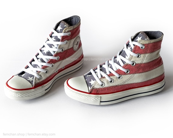 Iconic Converse All Stars in the stars and stripes patchwork design, vintage sneakers with USA flag motif, 36.5 (UK 4, us wo's 6, us mens 4) Iconic Converse All Stars in the stars and stripes patchwork design, vintage sneakers with USA flag motif, 36.5 (UK 4, us wo's 6, us mens 4)