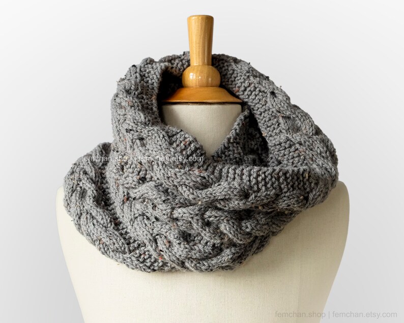 Tawny Port Soft Cable Knit Snood in Wool Blend Tweed Yarn Warm, Chunky