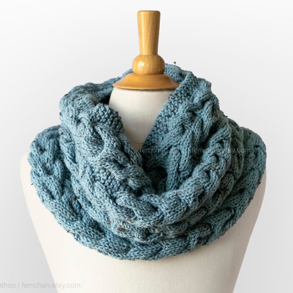 Bleu minéral - Snood en tricot torsadé en laine mélangée douce - Écharpe infini tricotée à la main avec effet tweed - Cache-cou d'hiver épais - Plus de couleurs !