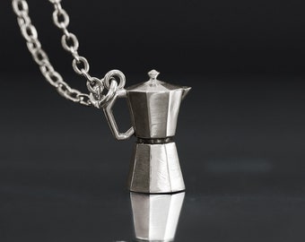 Coffe maker necklace sterling silver, coffee pot necklace, chef Jewelry, chef necklace, percolator charm, vintage coffee maker pendant